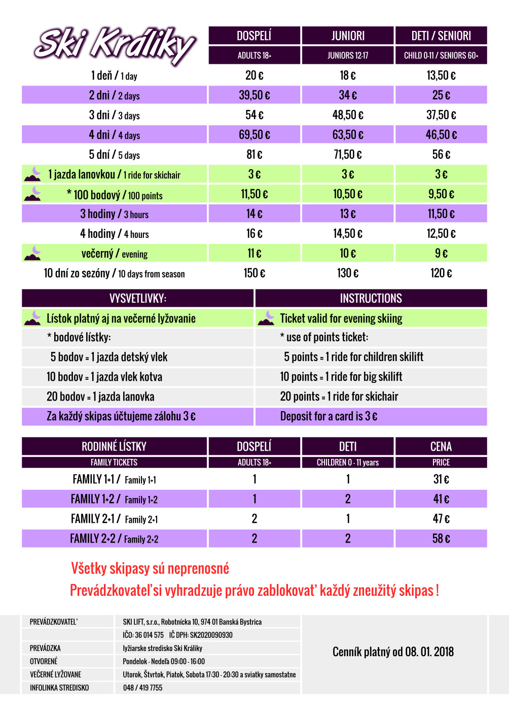 Cennik lyžiarske Stredisko SkiKraliky sezona 2017-2018